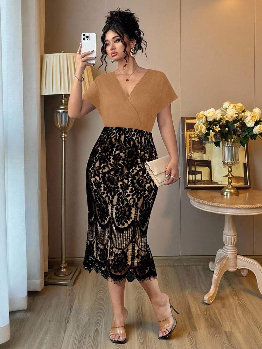 Ovelia - High-Waisted Lace Evening Dress with V-Neck and Short Sleeves 