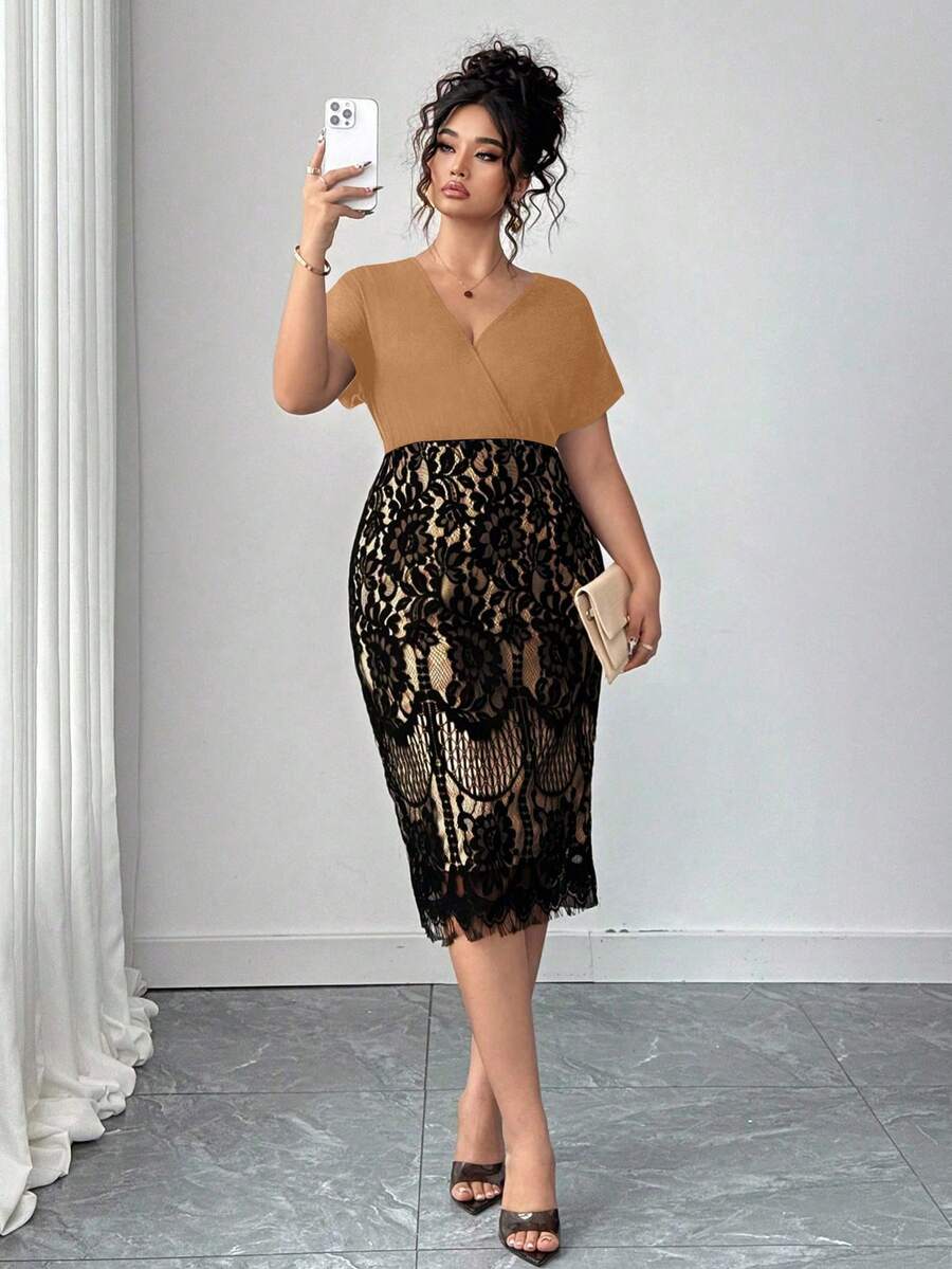 Ovelia - High-Waisted Lace Evening Dress with V-Neck and Short Sleeves 