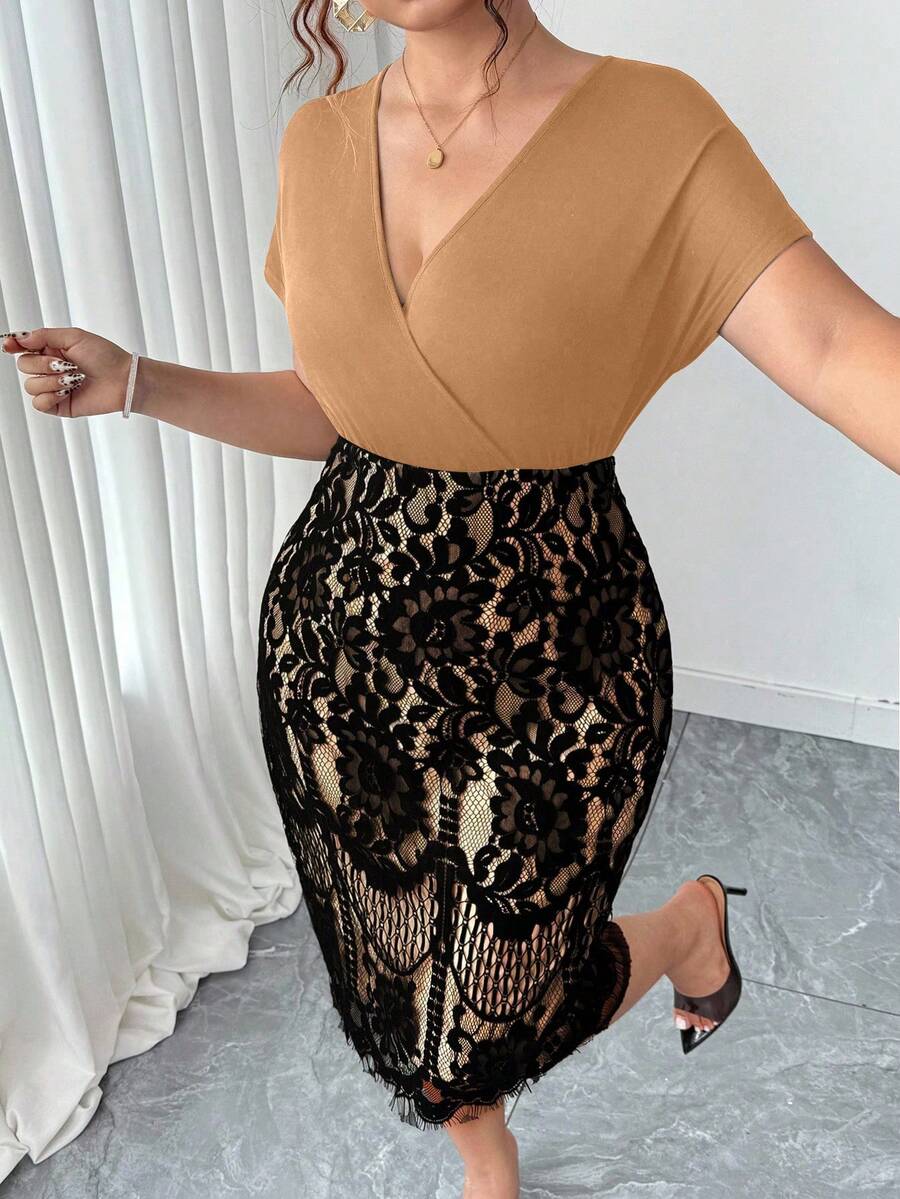 Ovelia - High-Waisted Lace Evening Dress with V-Neck and Short Sleeves 