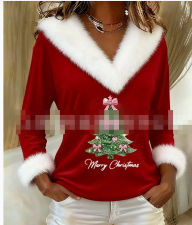 Elarivella - Festive V-Neck Sweater with Christmas Tree Motif 