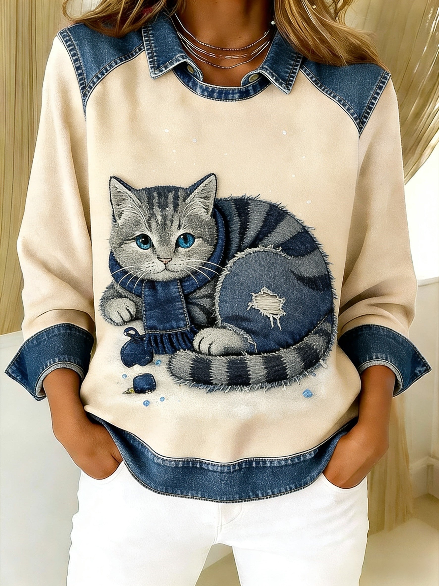 Oravellissa - Retro Patchwork Denim Sweatshirt