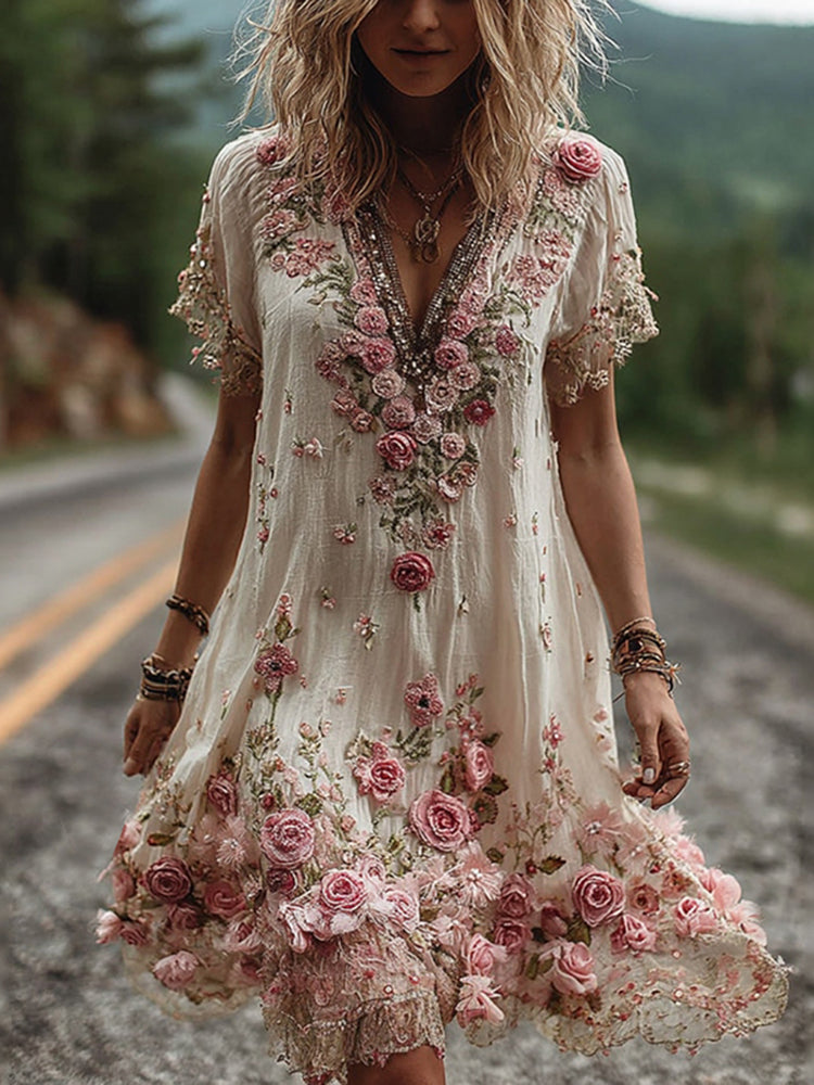 Azalée - Robe Églantine Vintage à Broderies Florales
