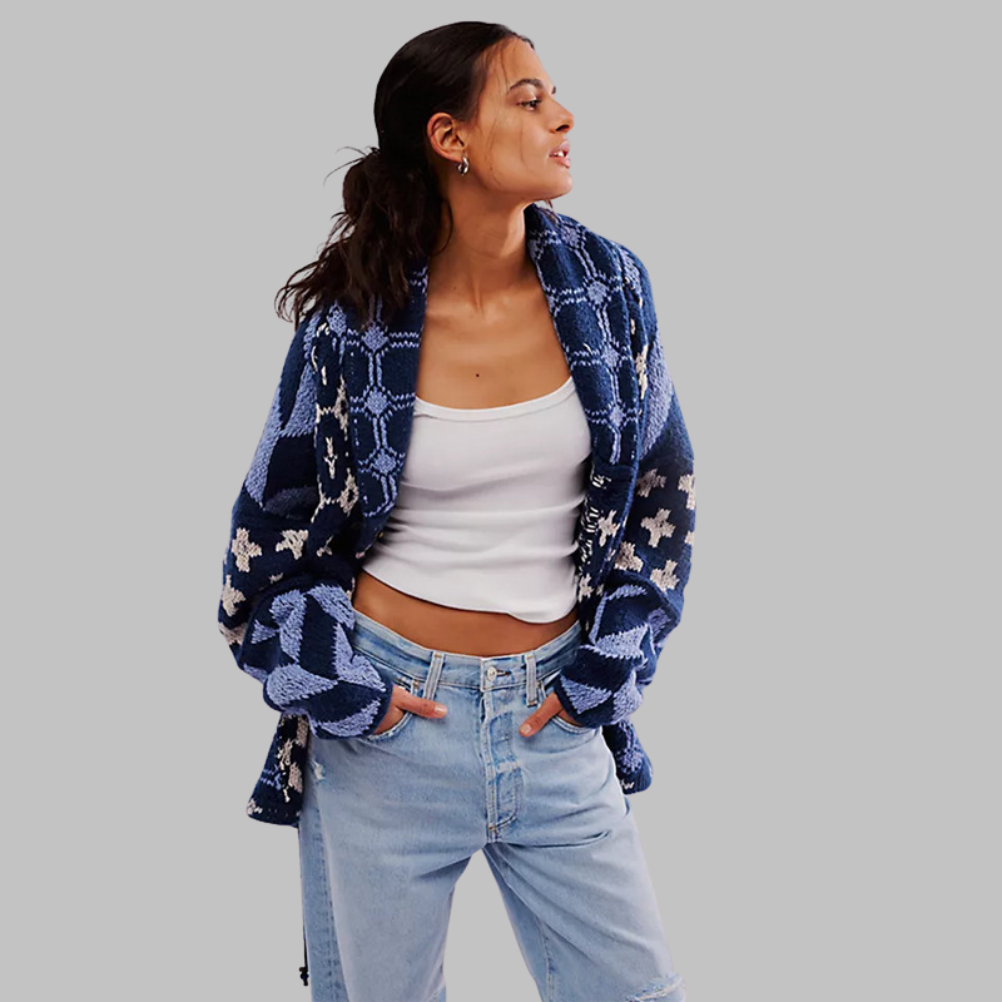 Quenalya - Cardigan Oversize à Col Boutonné Vintage