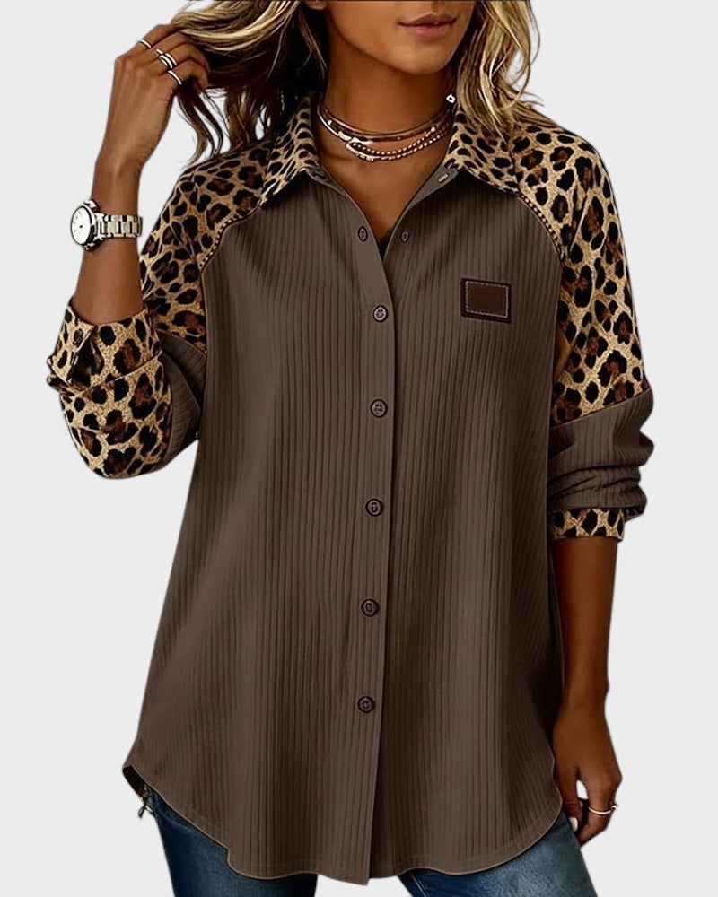Oralynesse - Two-Tone Button-Down Shirt with Leopard Print Details 