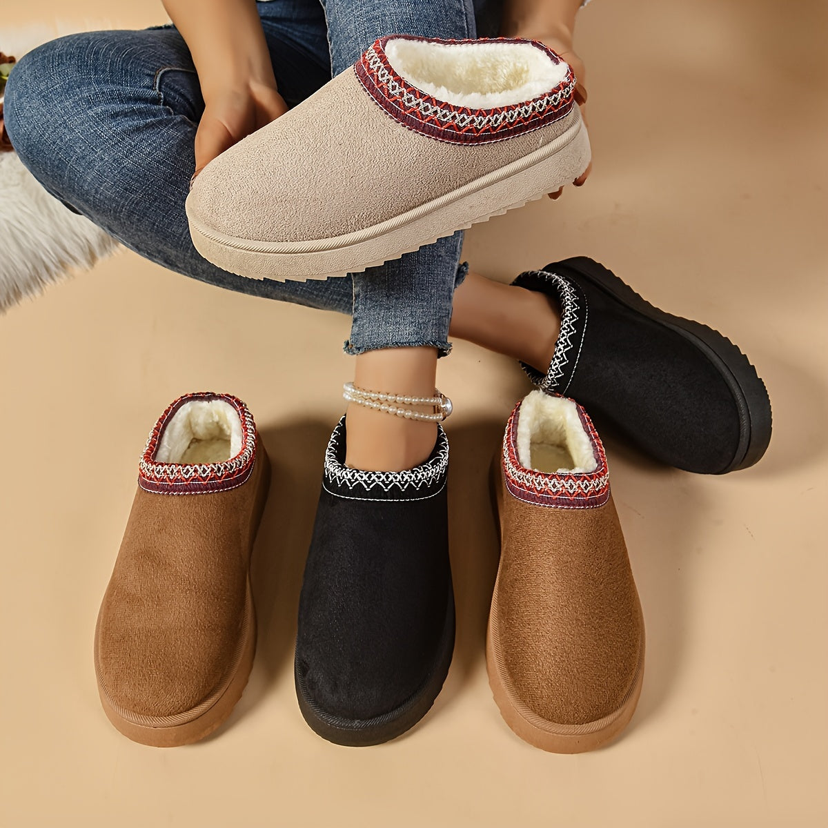 Selviane - Ethnic Slip-On Boots with Faux Fur Lining 