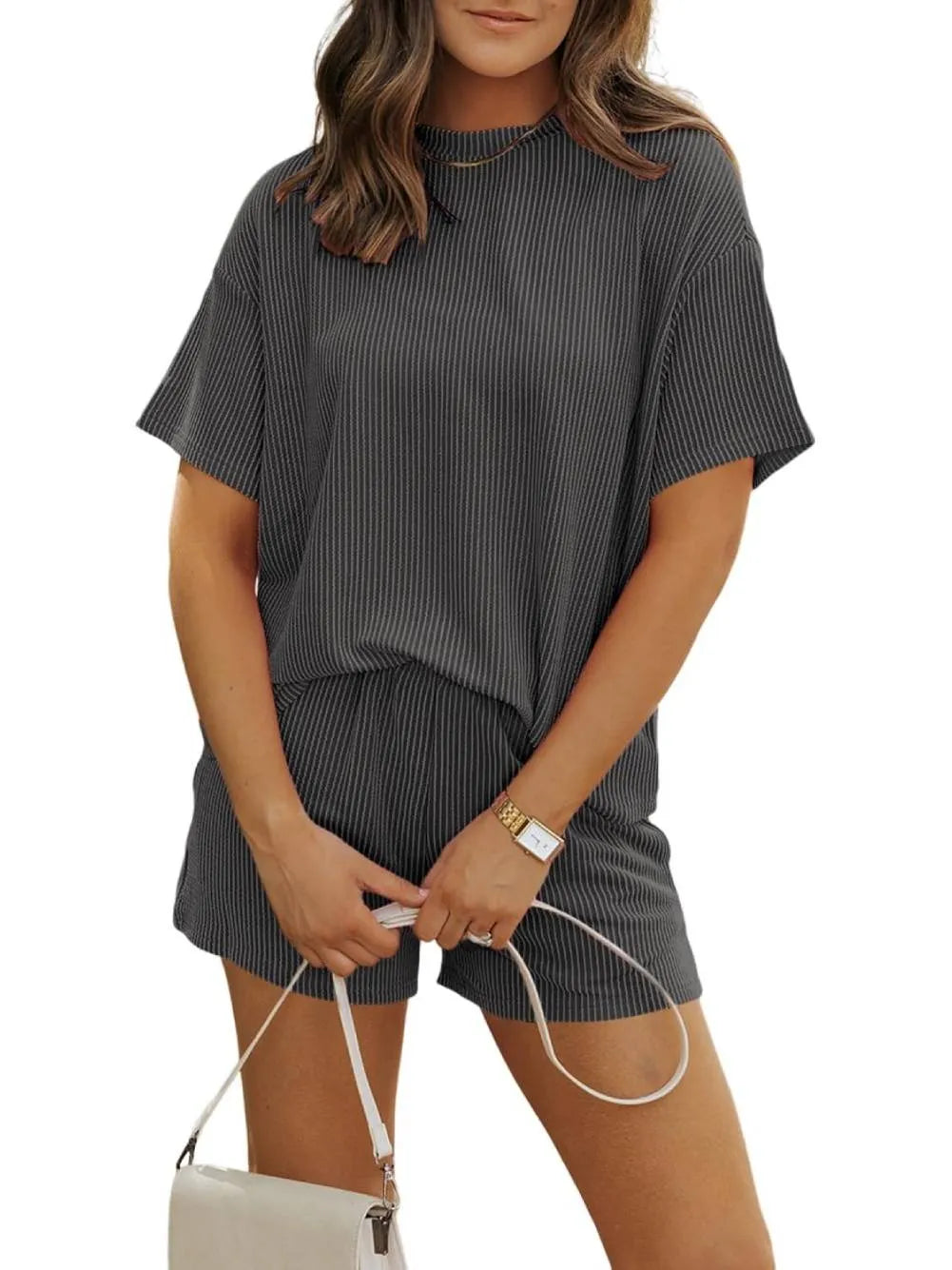 Irina™ - Ensemble à Shorts Texturés Côtelé avec Col Rond