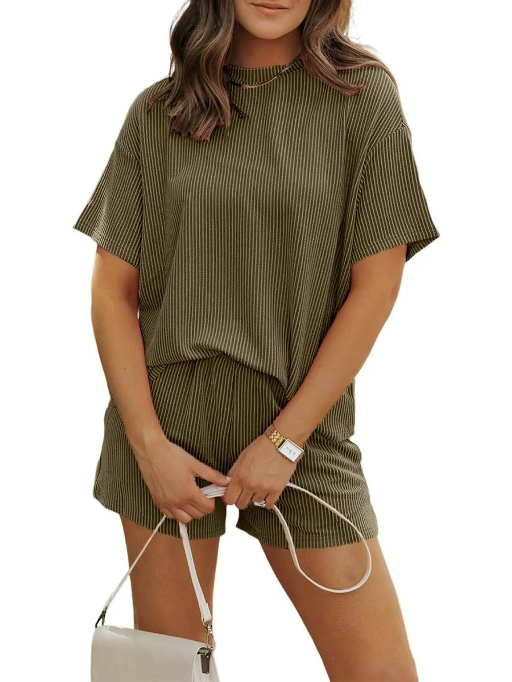 Irina™ - Ensemble à Shorts Texturés Côtelé avec Col Rond