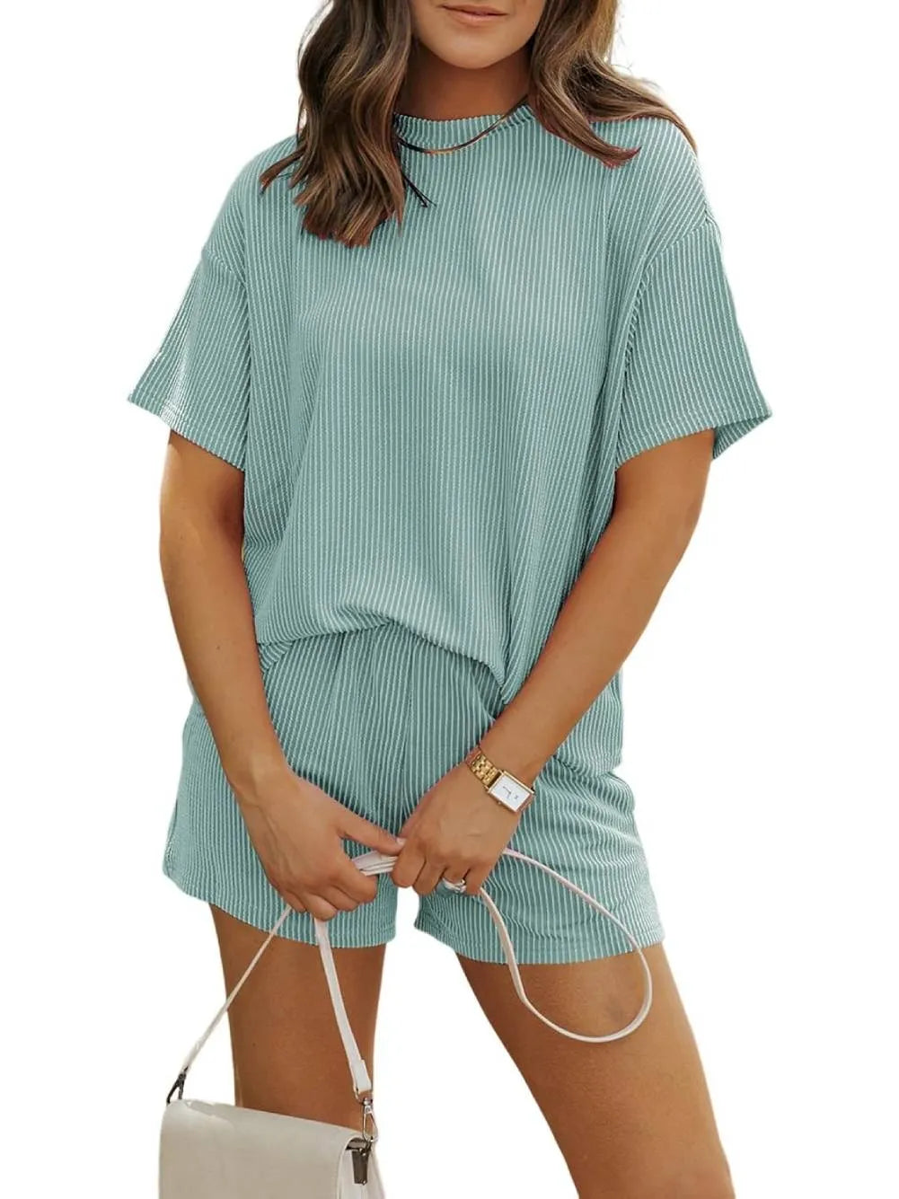 Irina™ - Ensemble à Shorts Texturés Côtelé avec Col Rond