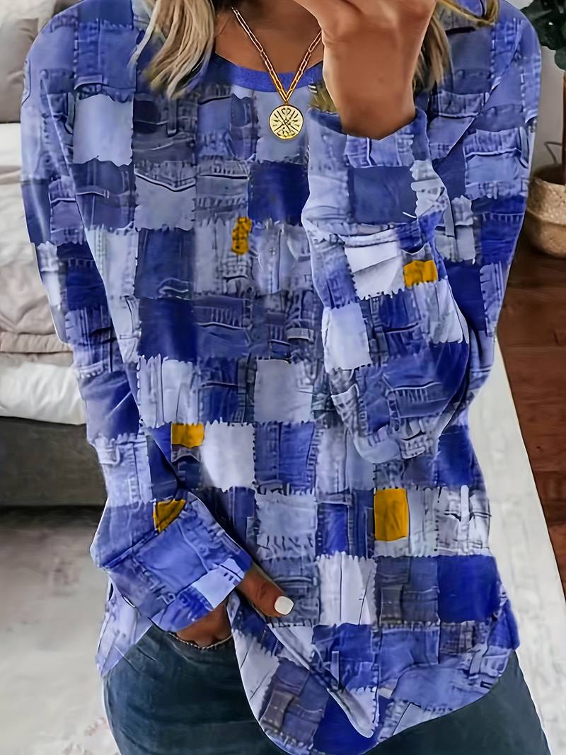 Pryselavine - Long Sleeve Checkered Pattern Casual Comfort Top 