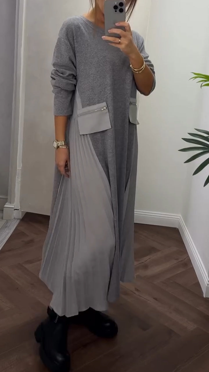 Isenelle - Robe Plissée Décontractée à Col Rond et Poches