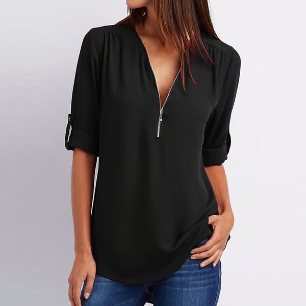 Quelina - Blouse Zippée Ample à Manches 3/4