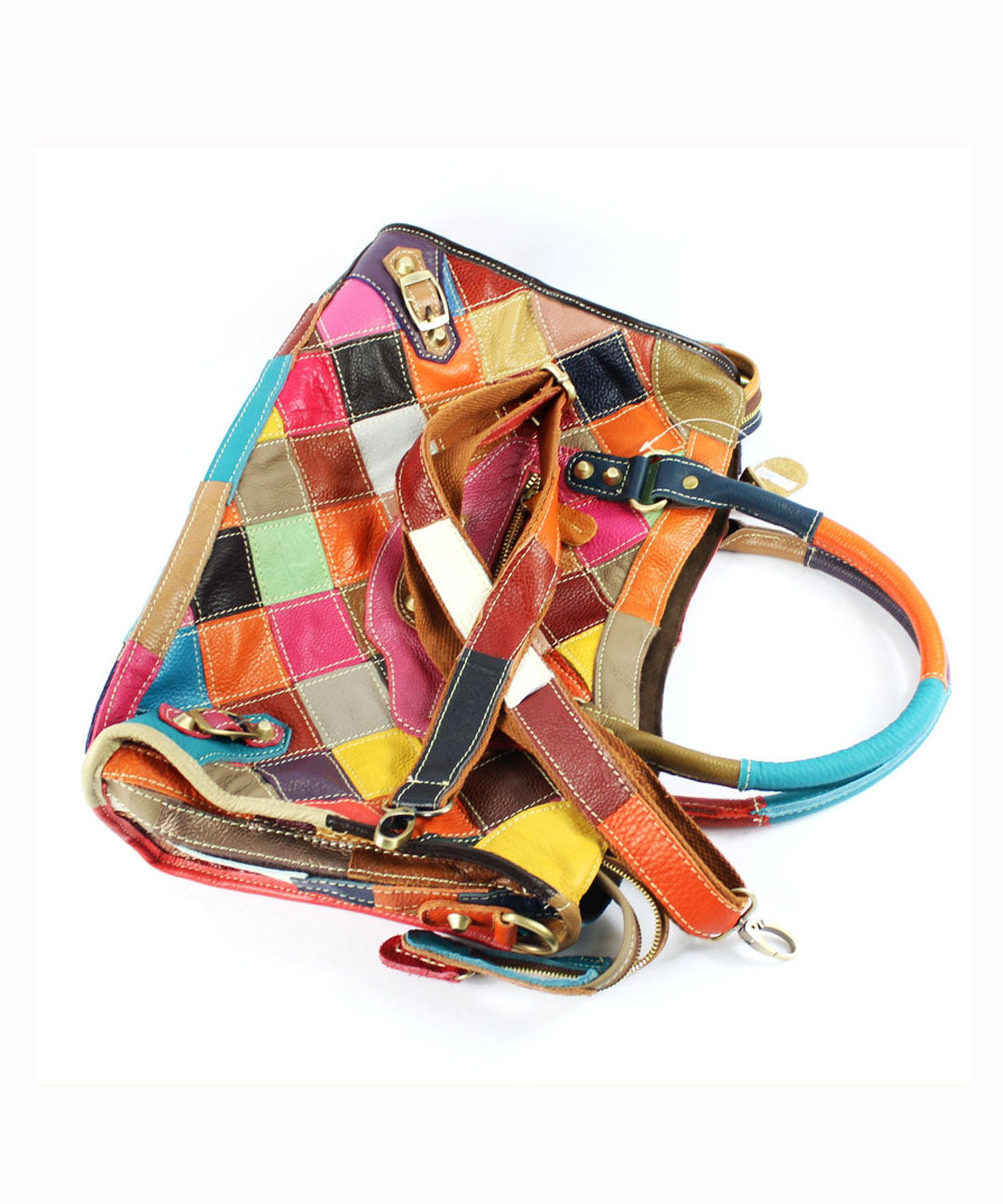 Gravina™ - Sac tote élégant en cuir de veau patchwork avec fermeture éclair et clous colorblock