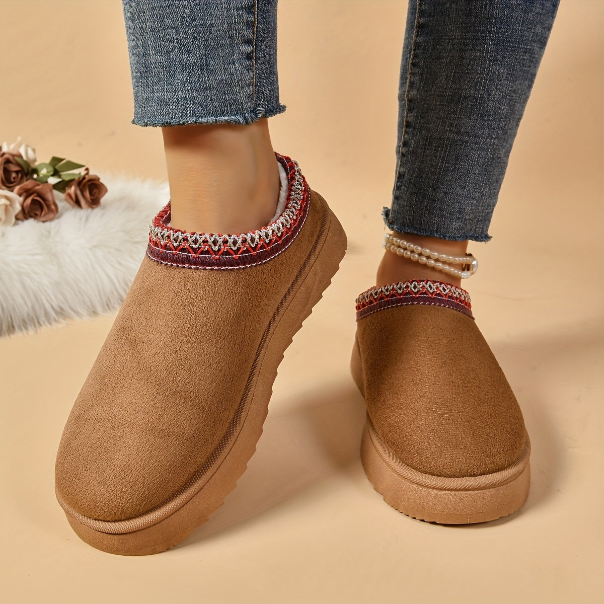 Selviane - Ethnic Slip-On Boots with Faux Fur Lining 