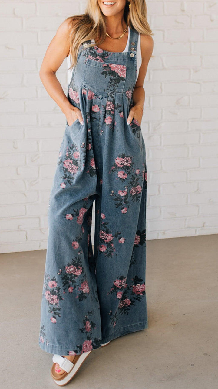 Elaria - Women's Denim Jumpsuit with Print and Pockets