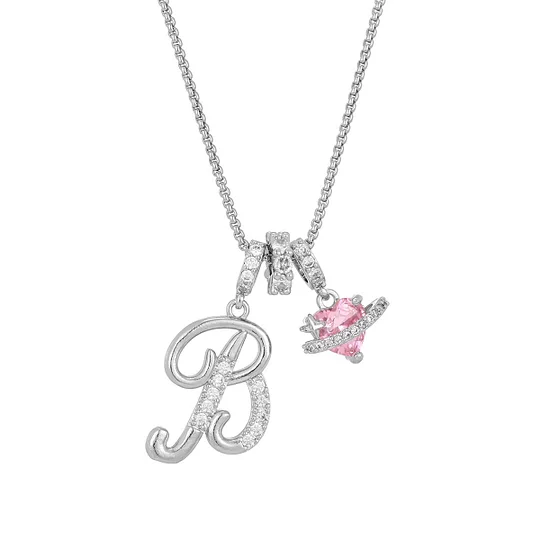 Carmelle - Initial Necklace with Sparkling Pink Heart