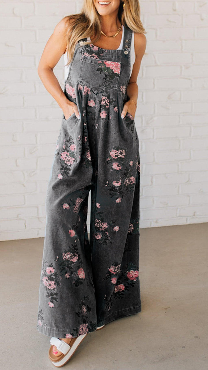 Elaria - Women's Denim Jumpsuit with Print and Pockets