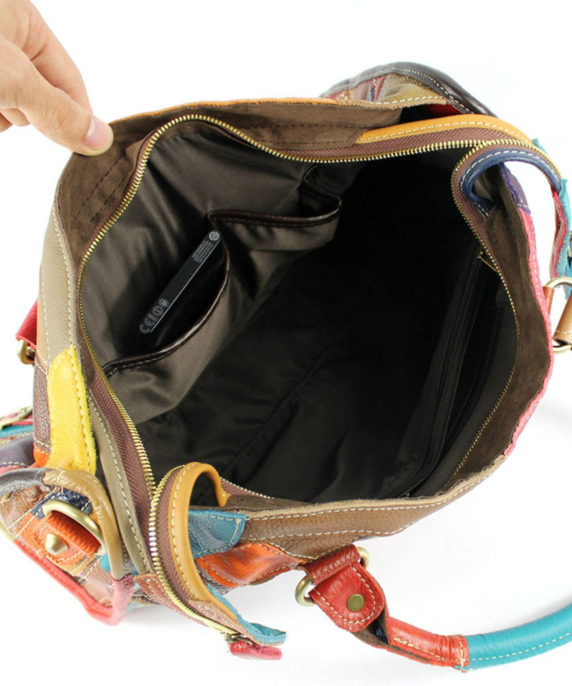 Gravina™ - Sac tote élégant en cuir de veau patchwork avec fermeture éclair et clous colorblock