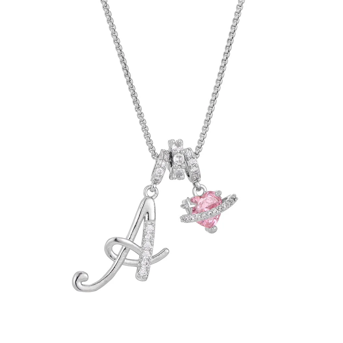 Carmelle - Initial Necklace with Sparkling Pink Heart