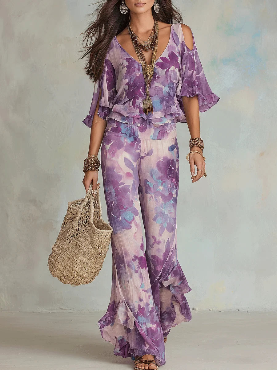 Brynora - Women's Two-Piece Floral V-Neck Top Flared Ruffle Pants