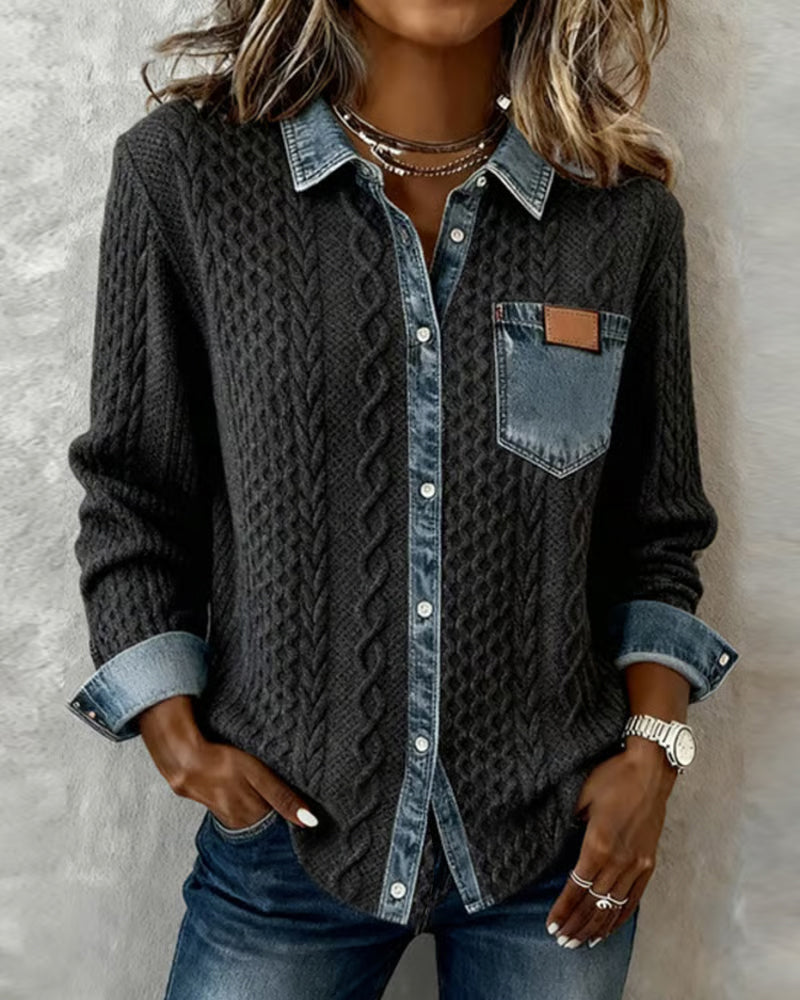 Delorisse - Chic Knitted Shirt with Denim Details 