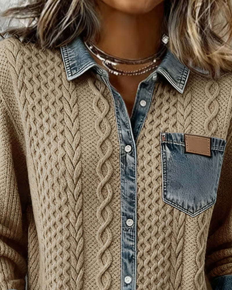 Delorisse - Chic Knitted Shirt with Denim Details 