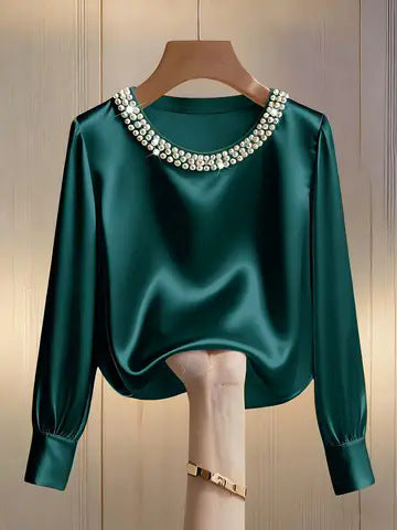 Neralivora - Beaded Satin Top with Jewel Collar