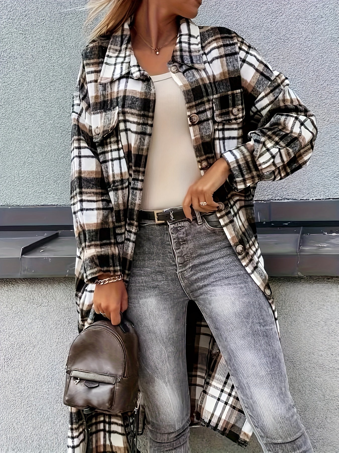 Evelora - Veste Longue à Imprimé Carreaux pour Femmes
