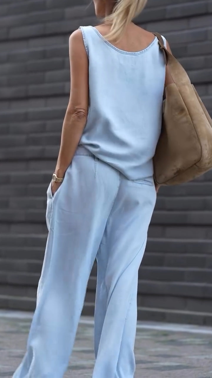 Maravelle - Women's Casual V-Neck Sleeveless Tencel Denim Set