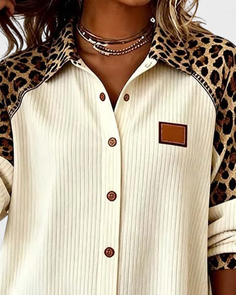 Oralynesse - Two-Tone Button-Down Shirt with Leopard Print Details 