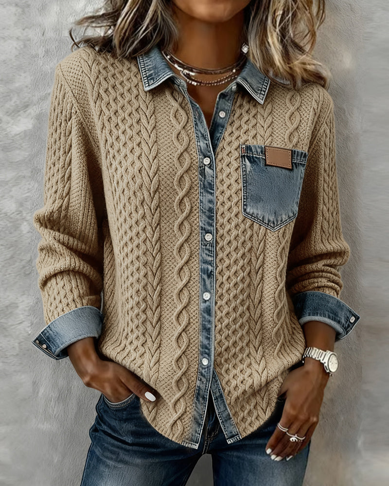 Delorisse - Chic Knitted Shirt with Denim Details 
