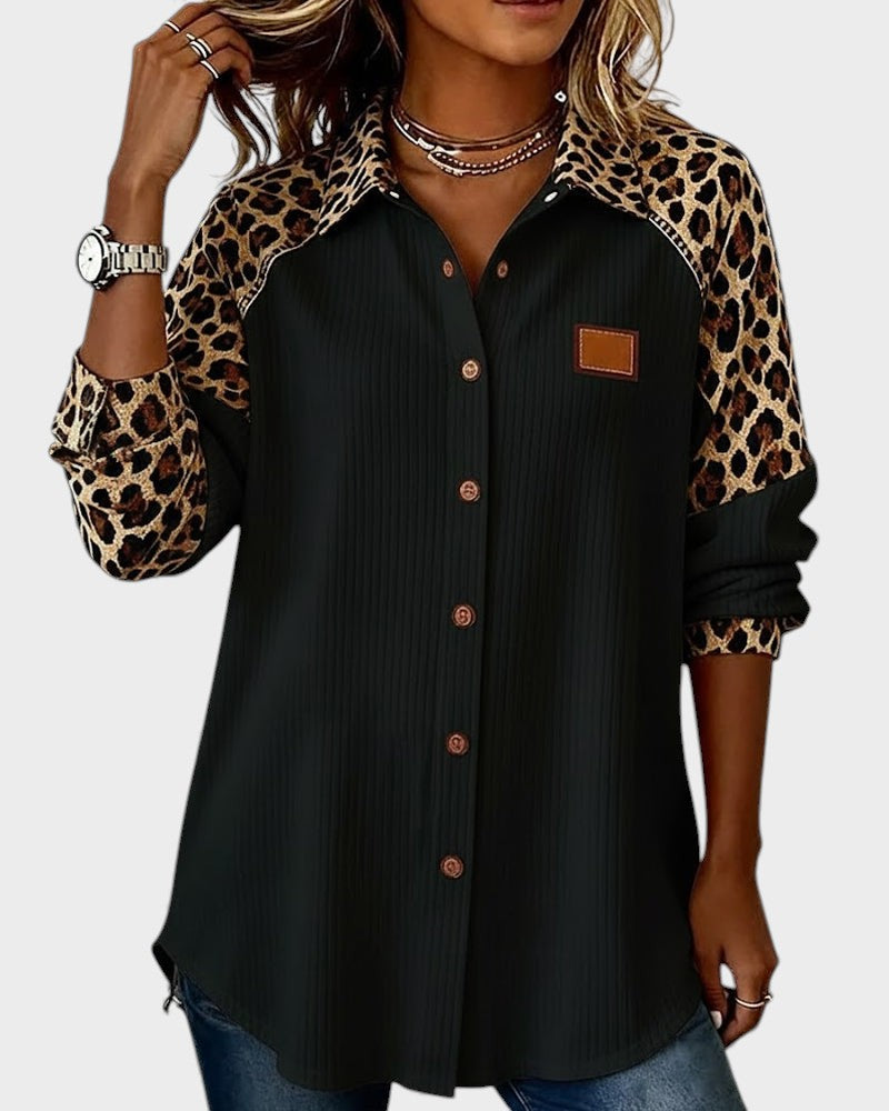 Oralynesse - Two-Tone Button-Down Shirt with Leopard Print Details 