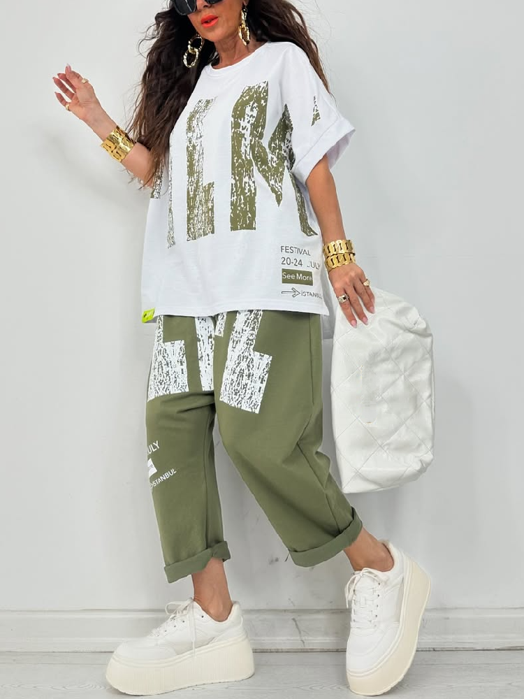 Kirelle - Women's casual set with round neck printed top and pants