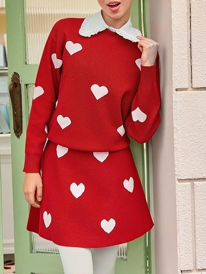 Helissura - Women's Heart Pattern Skirt and Sweater Set