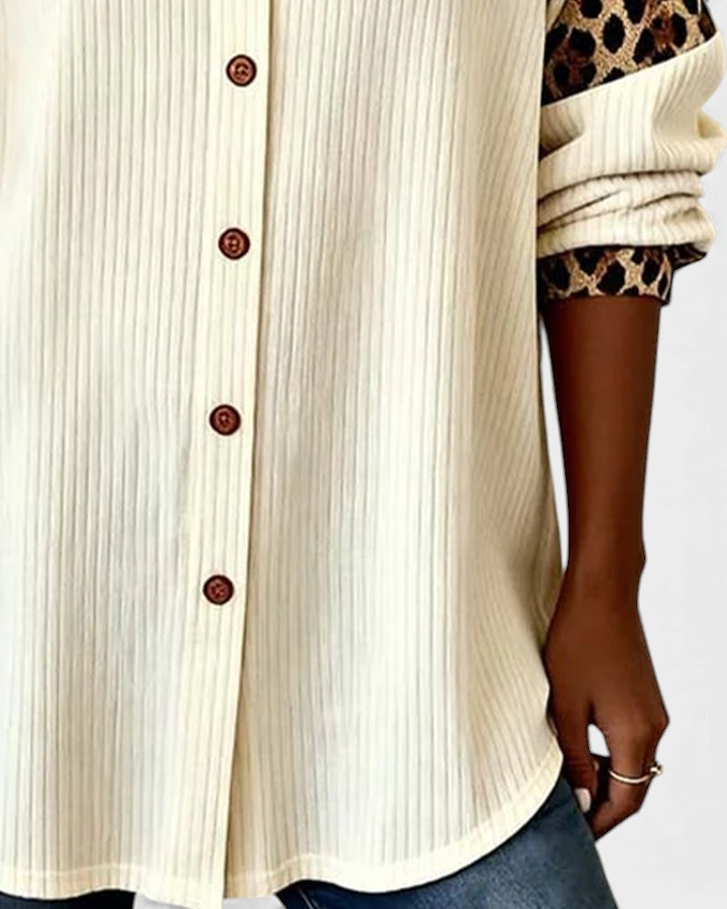 Oralynesse - Two-Tone Button-Down Shirt with Leopard Print Details 