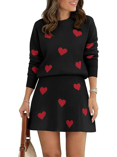 Helissura - Women's Heart Pattern Skirt and Sweater Set