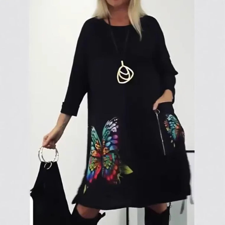 Florienne - Multicolored butterfly print dress with round neck 