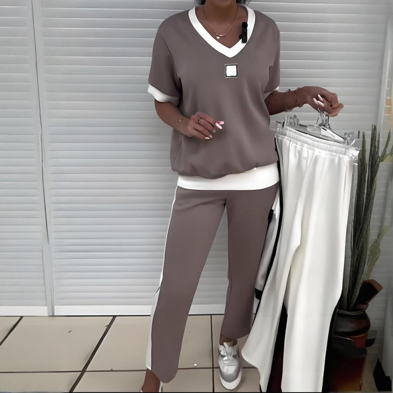 Euphrasie™ - Ensemble décontracté pour femme avec top à col en V et pantalon