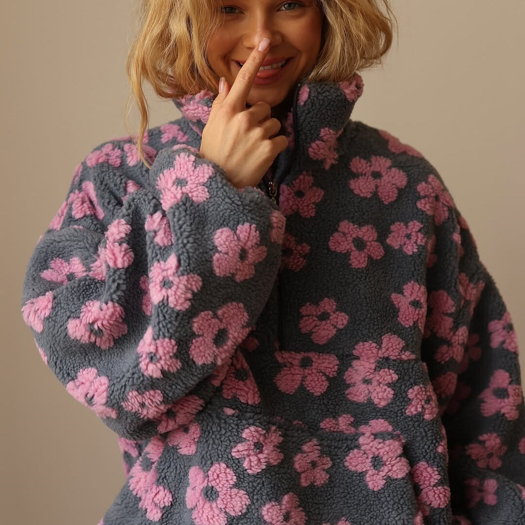 Jovira™ - Sherpa Fleece Sweatshirt with Boho Flowers and Oversized Fit 