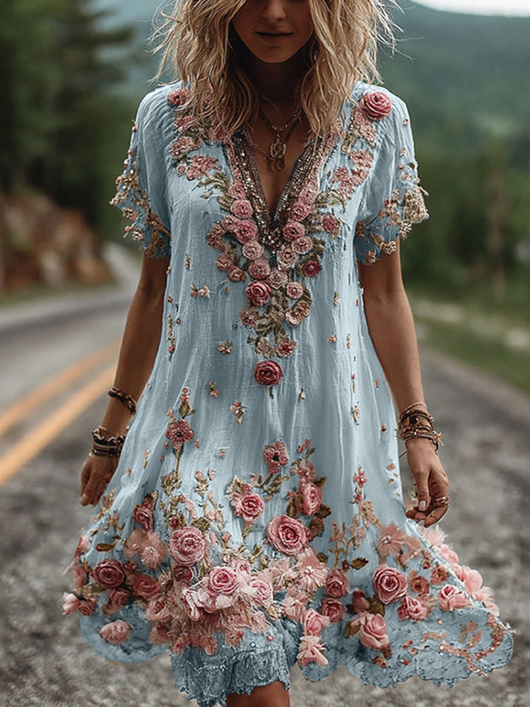 Azalée - Robe Églantine Vintage à Broderies Florales