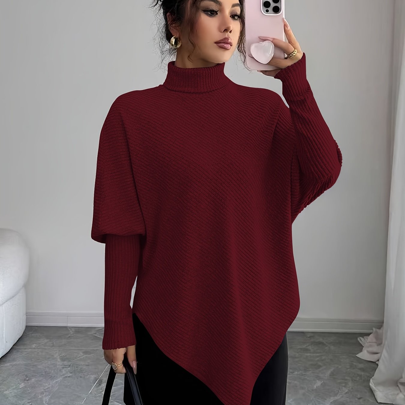 Ilyssa - Asymmetrical High Neck Sweater, Modern Elegance 