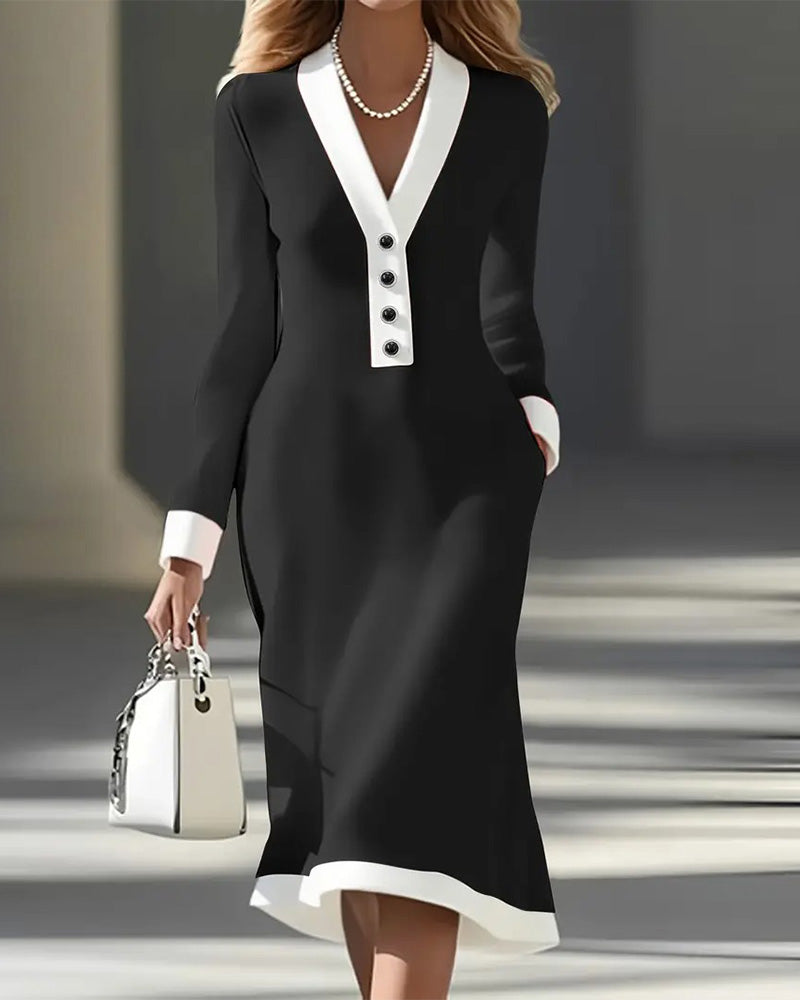 Brenyla - Elegant Midi Dress with Contrasting Collar 