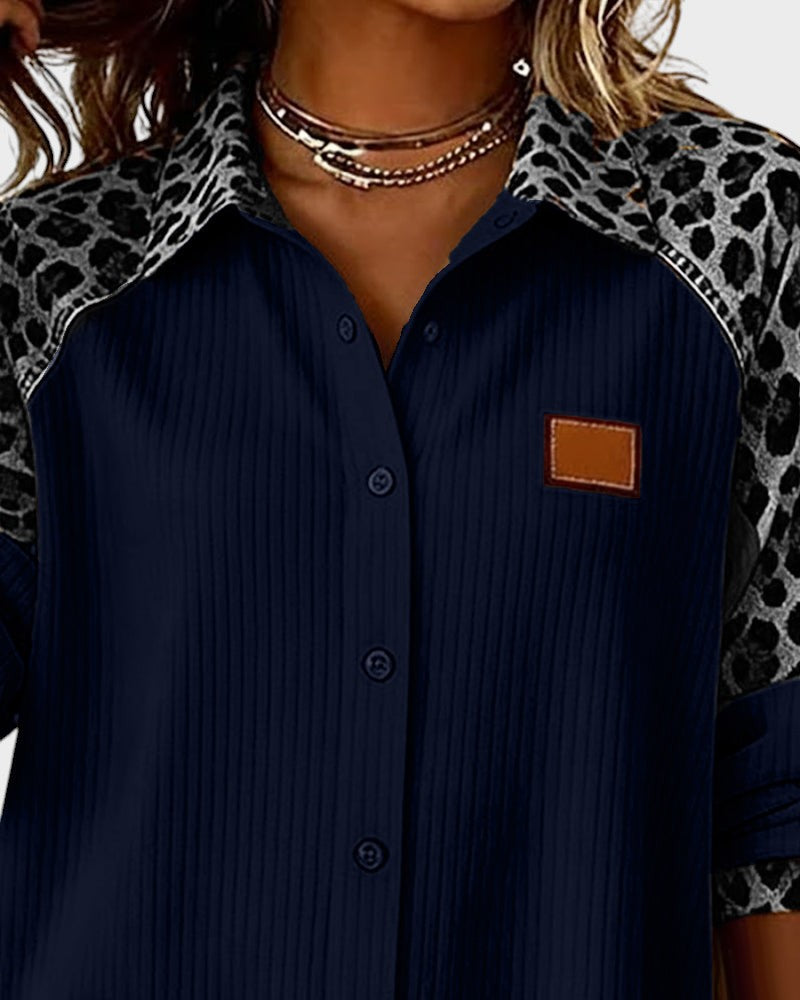 Oralynesse - Two-Tone Button-Down Shirt with Leopard Print Details 