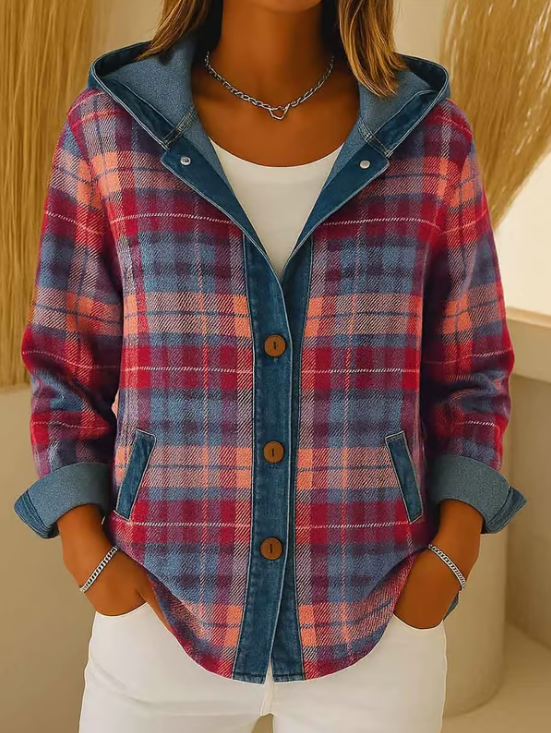Nadrina - Denim Jacket with Hood and Contrasting Check Pattern