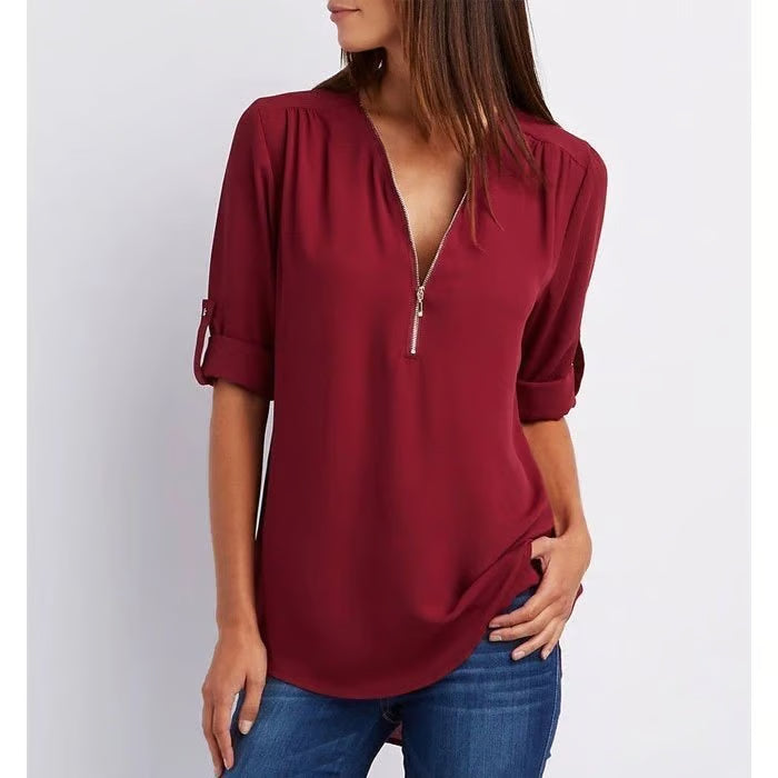 Quelina - Blouse Zippée Ample à Manches 3/4