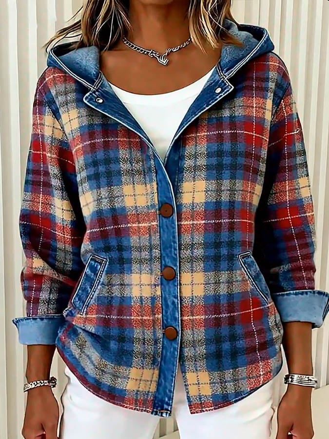 Nadrina - Denim Jacket with Hood and Contrasting Check Pattern