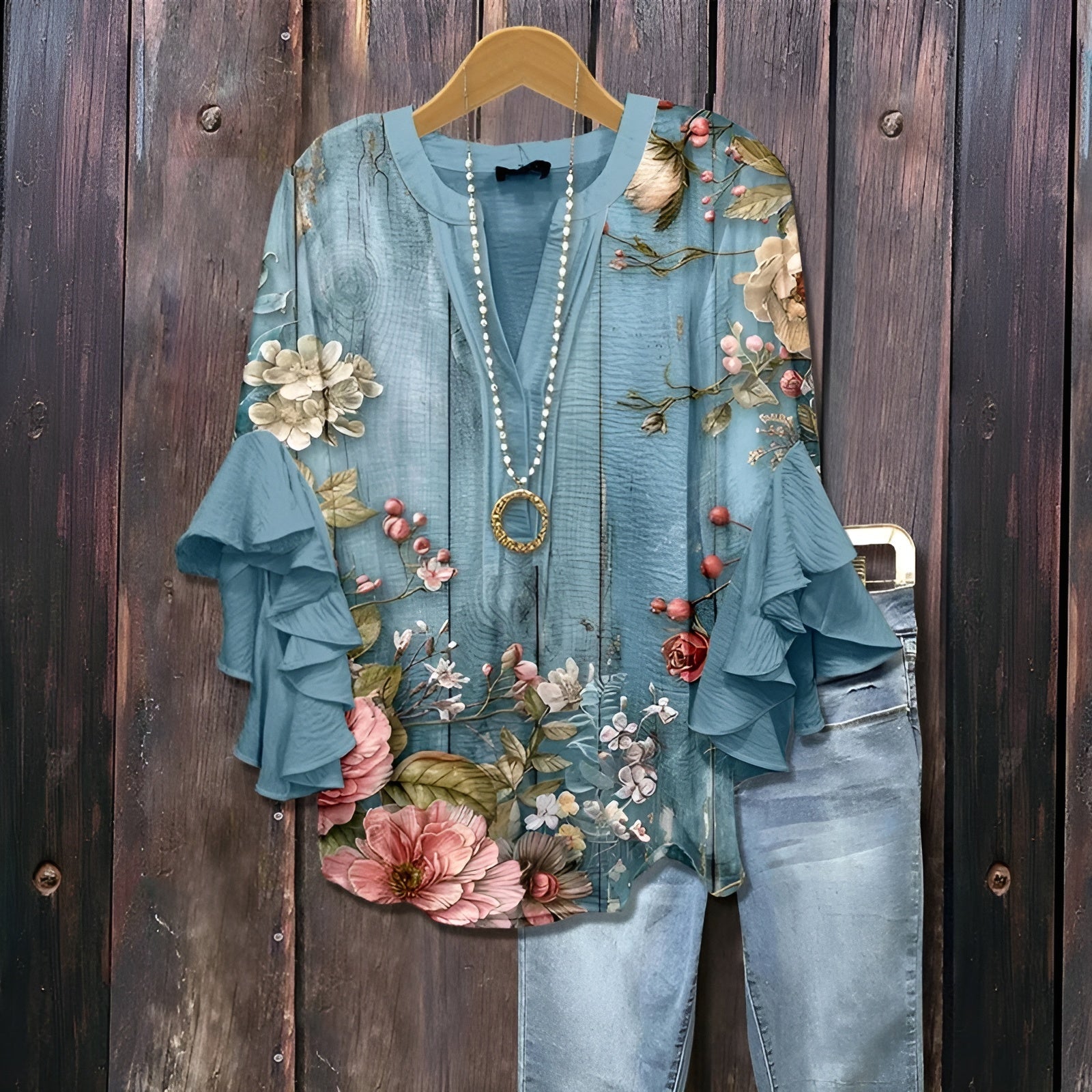 Elyara™ - Blouse décontractée avec motif de feuilles