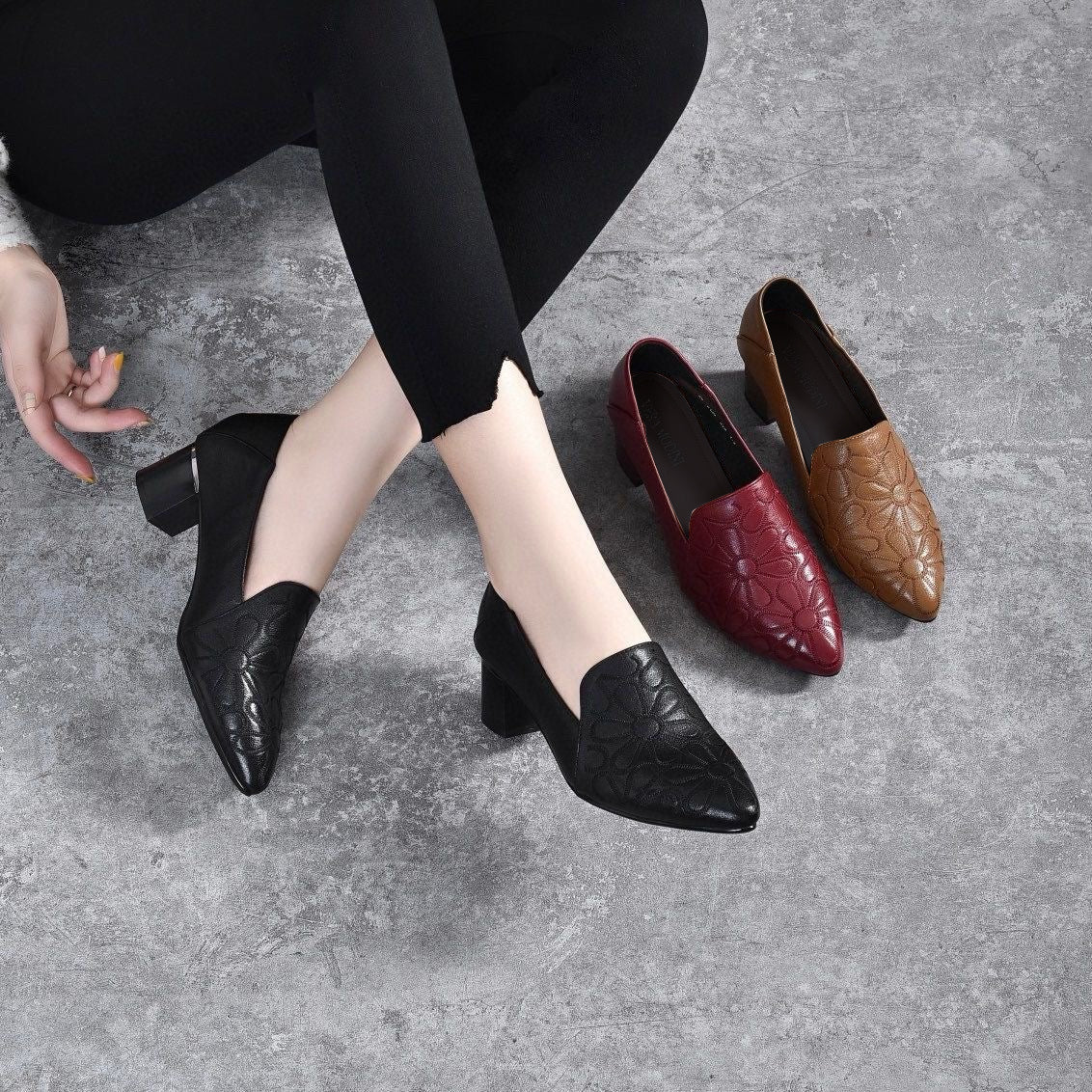 Doralyn - Genuine Leather Pumps with Elegant Embroidery 