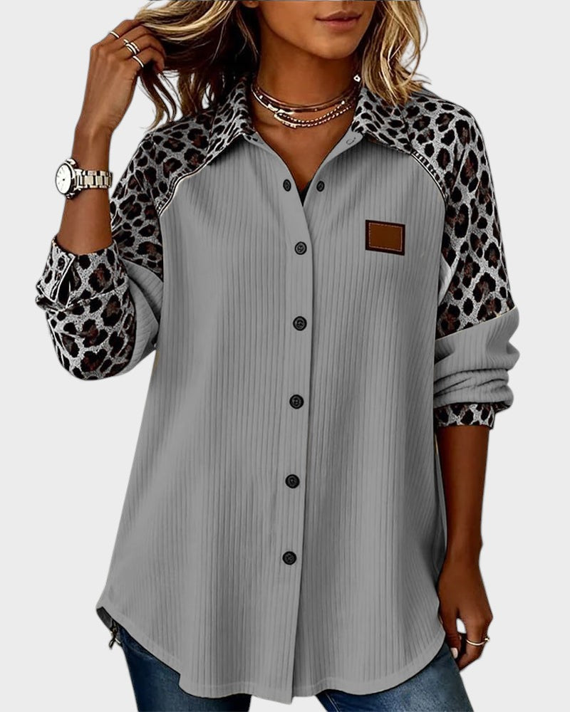 Oralynesse - Two-Tone Button-Down Shirt with Leopard Print Details 