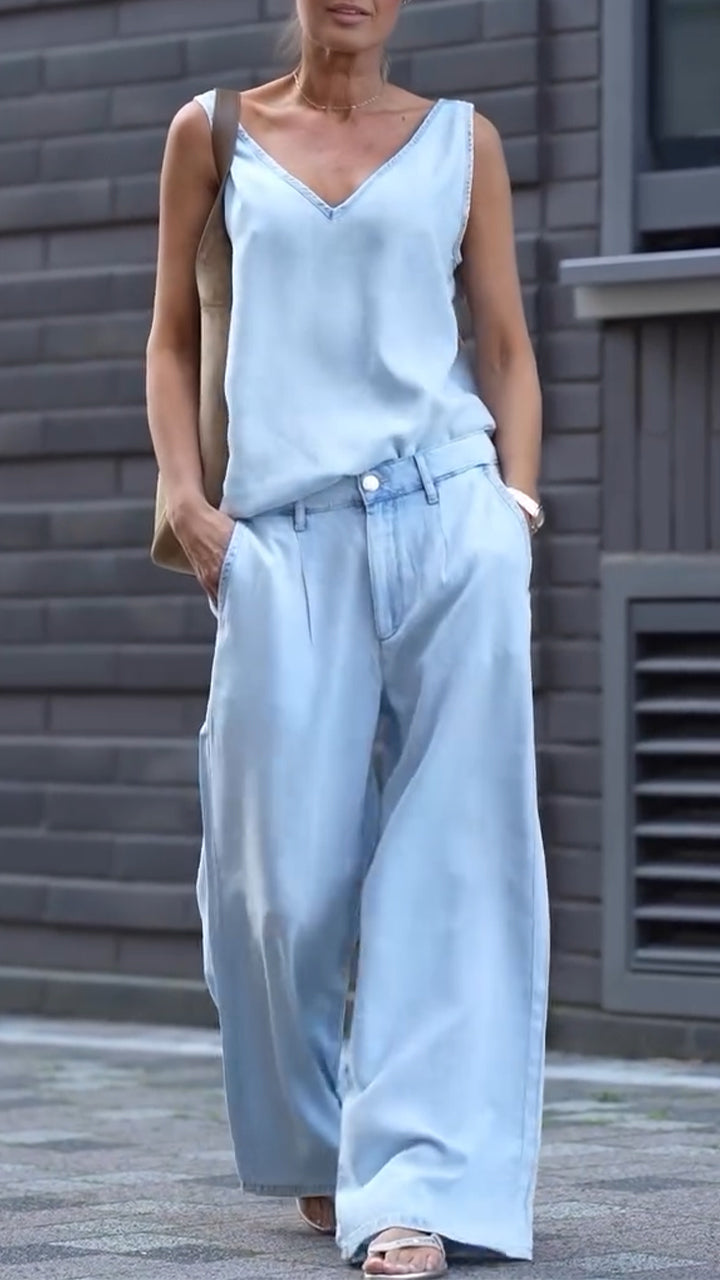 Maravelle - Women's Casual V-Neck Sleeveless Tencel Denim Set