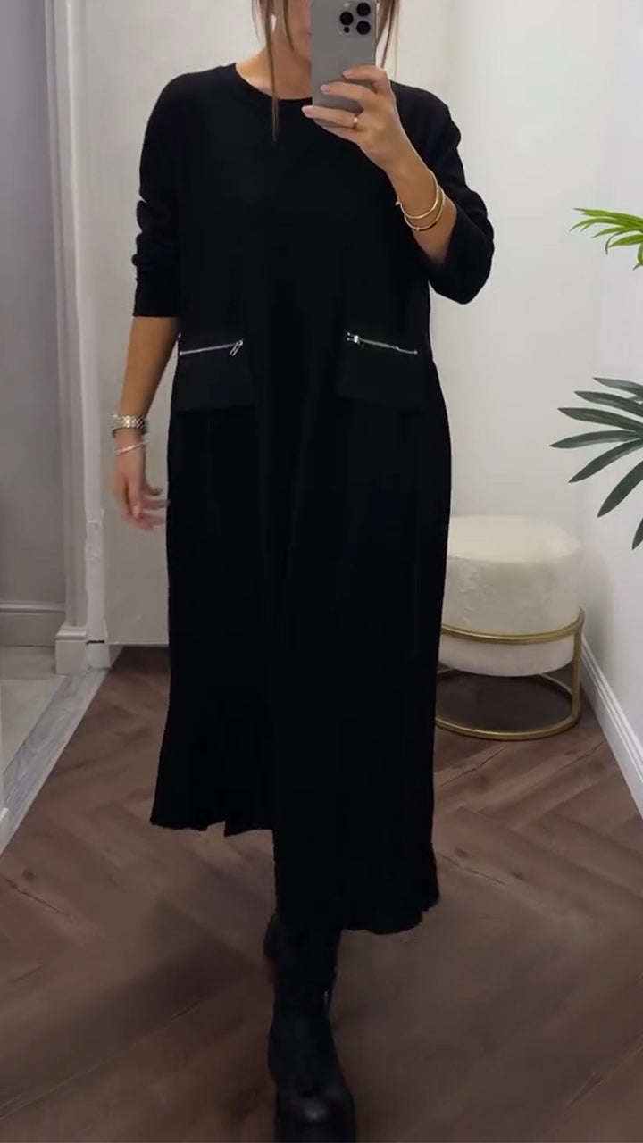 Isenelle - Robe Plissée Décontractée à Col Rond et Poches